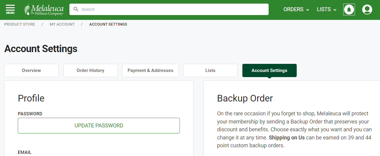 Melaleuca Account Settings
